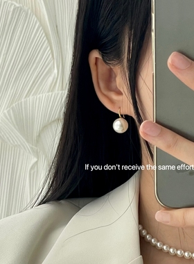 S925纯银镀金施家珍珠经典正圆耳环温柔白色名媛耳饰耳坠耳钩