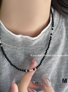 S925纯银黑玛瑙珠串项链ins小众设计韩系简约百搭叠戴锁骨链