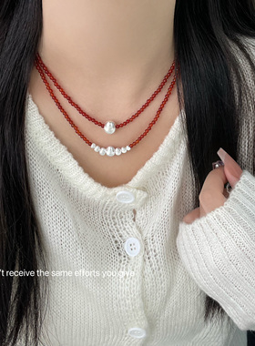 法式百搭款项饰黑白红色单颗珠子串珠拉丝珠项链简约气质锁骨链女