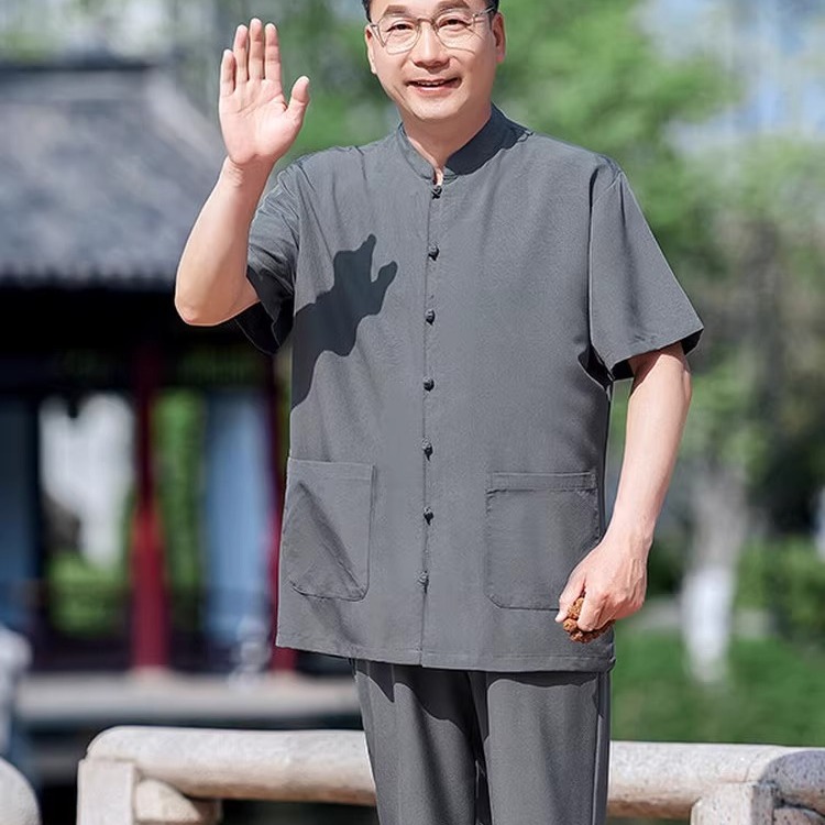 新中式夏季薄款中国风男装冰丝短袖衬衫套装新中老年大码棉麻套装