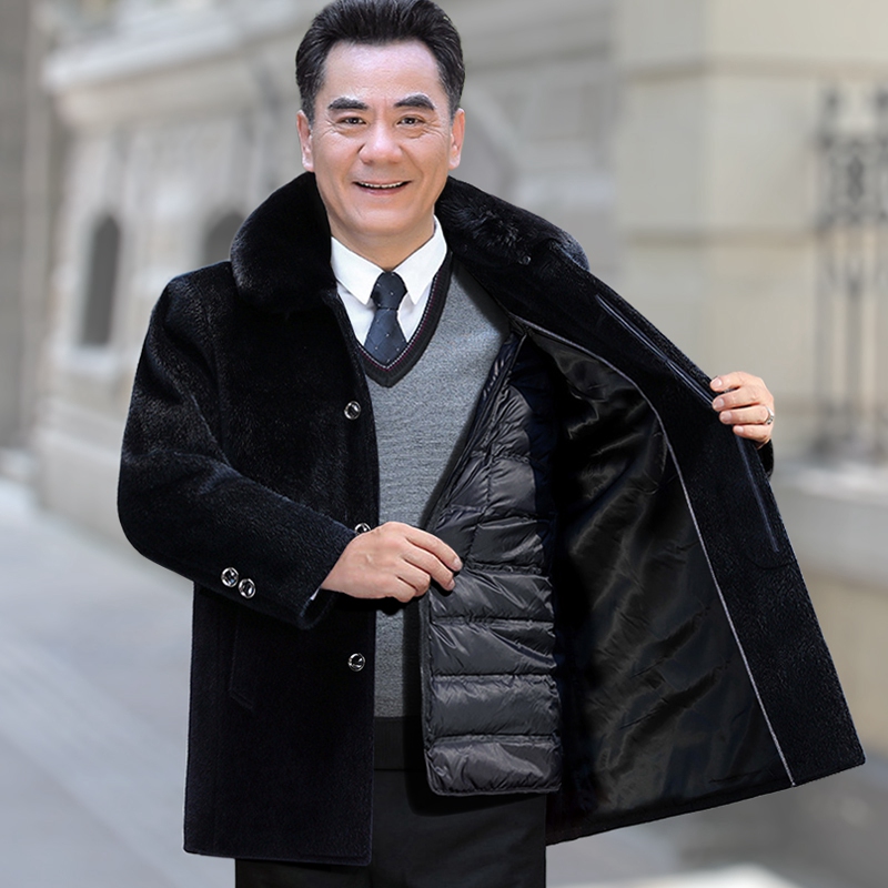 脱卸毛呢大衣男老人爷爷加绒加厚
