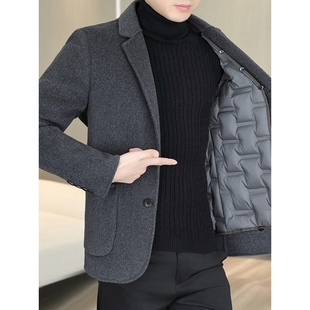 羊毛呢大衣男士高端休闲双面呢西装秋冬季加厚短款羽绒内胆外套男