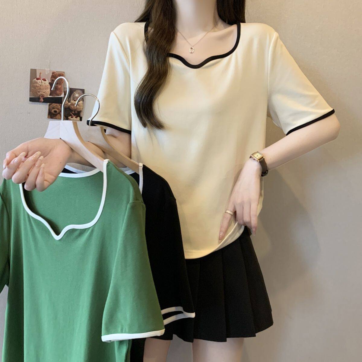 大码女装设计感V领短袖t恤女2026夏季新款宽松显瘦胖mm正肩上衣女