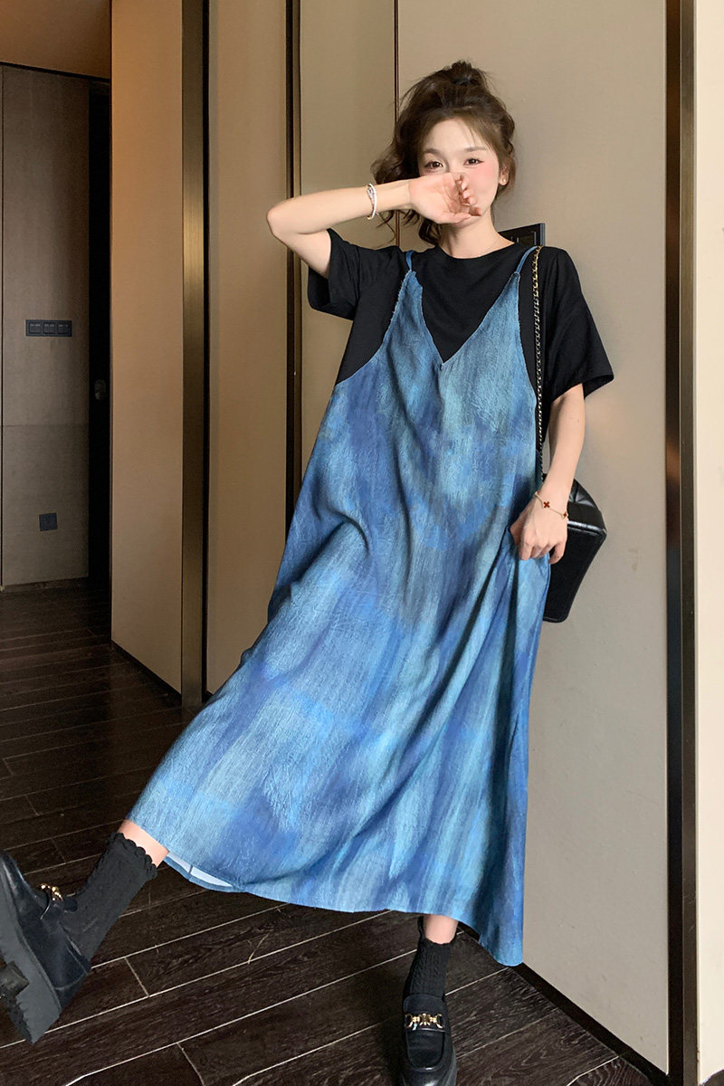 现货款号6166数码印花假两件连衣裙P115K168,女装连衣裙,2D043