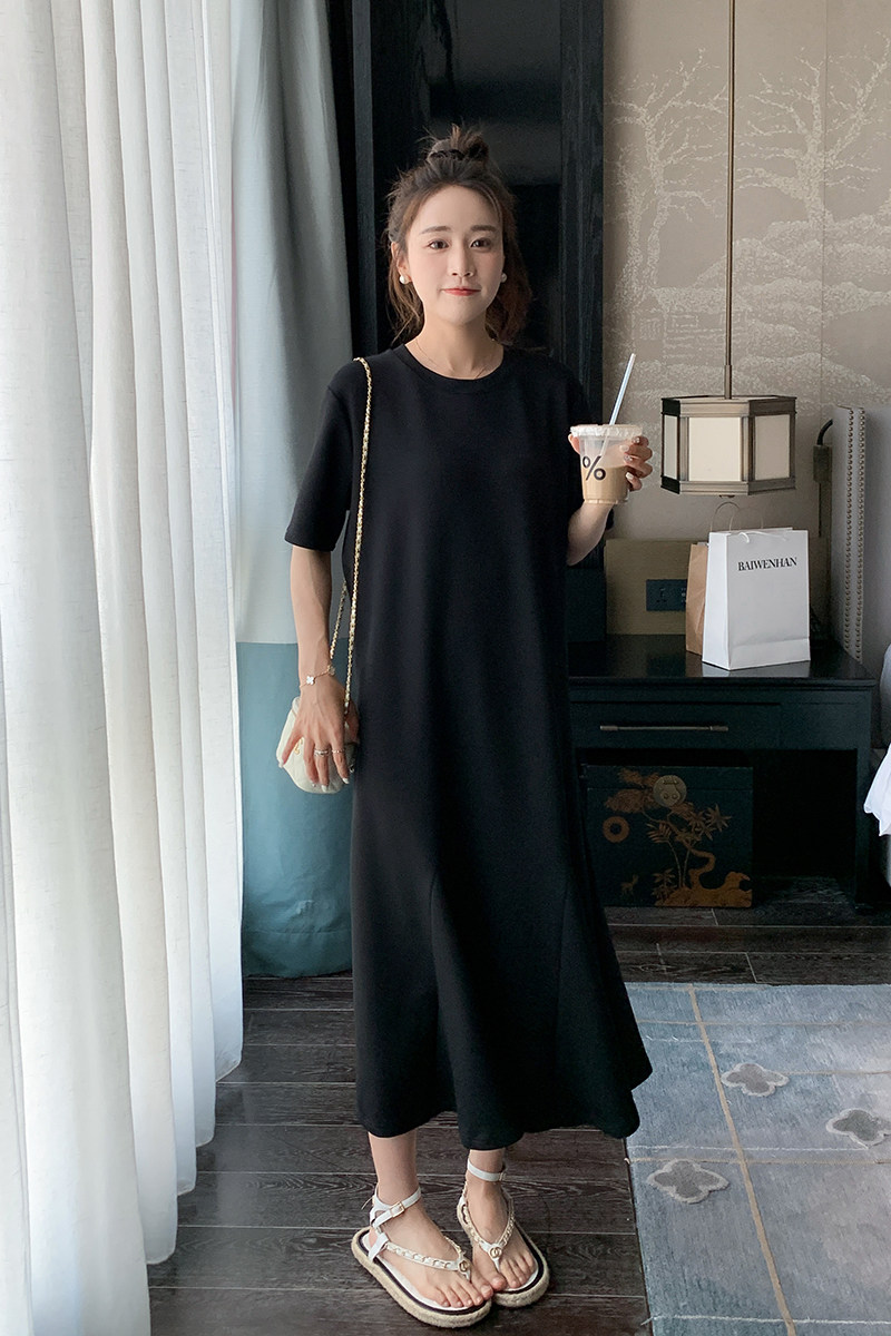 黑色短袖连衣裙女2025夏季新款今年流行宽松显瘦纸片人中长款裙子,女装连衣裙,2D043