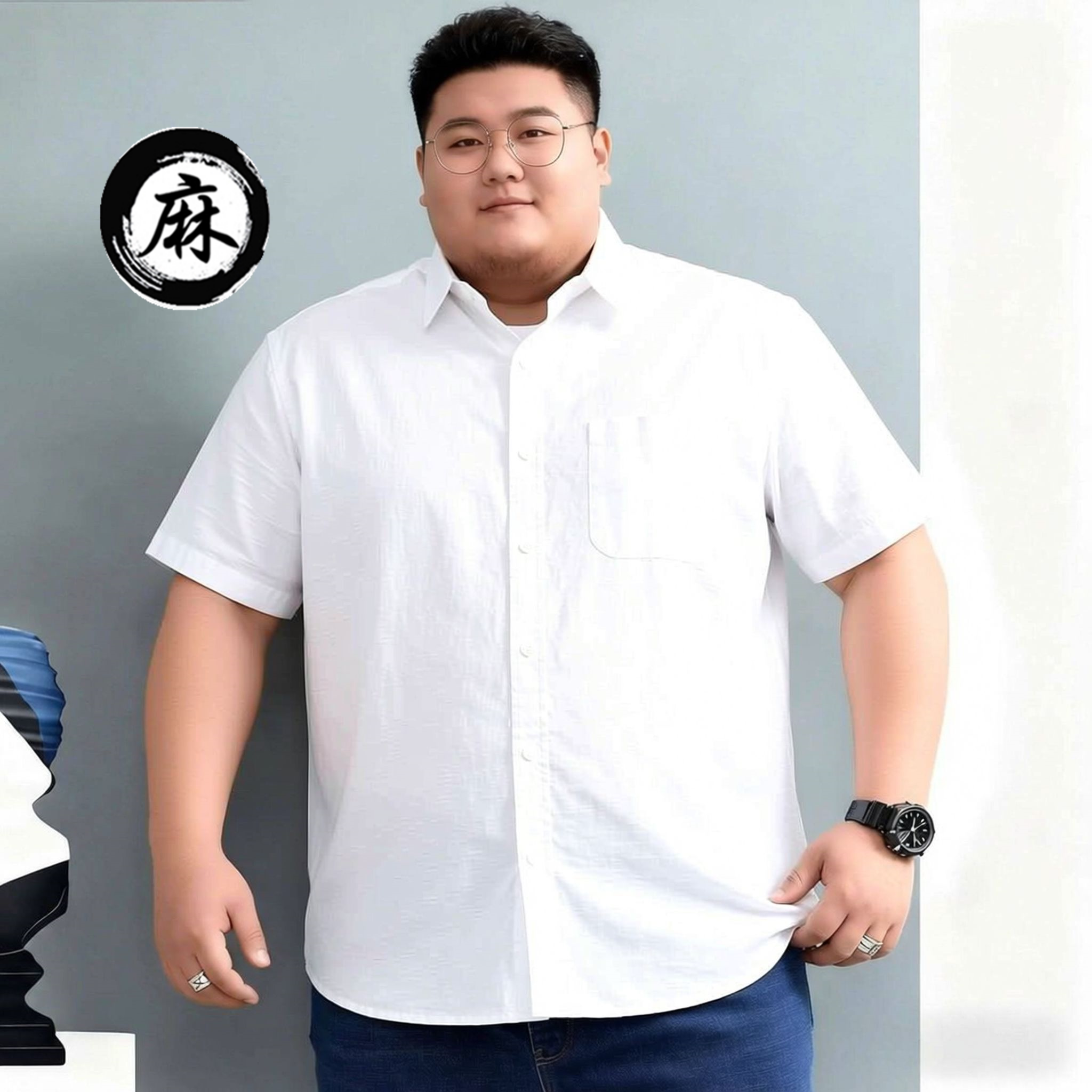 夏季男士加肥加大码短袖衬衫亚麻商务休闲纯色棉麻衬衣胖哥宽松薄
