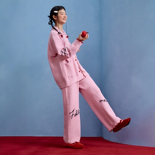 syo同款【礼物】半边绒睡衣女冬季新款松弛感加绒厚可外穿家居服D