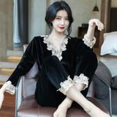 MARA睡衣女春秋新款 金丝绒性感蕾丝长袖 套装 UMA 秋冬款 V领家居服