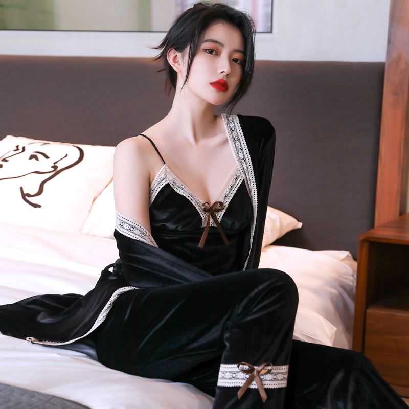 蕾丝金丝绒睡衣女性感三件套