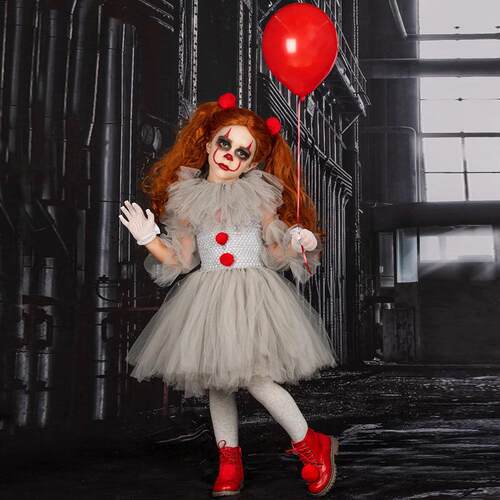 Gray Pennywise Girls Halloween Costume Tutu Dress Creepy Clo