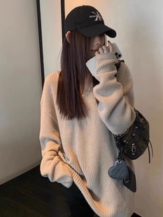 秋冬女士洋气别致独特小众毛衣宽松套头慵懒风显瘦上衣打底针织衫
