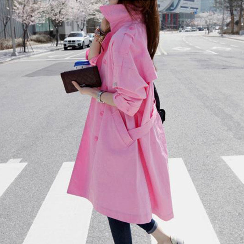 粉色风衣女中长款韩版春装2020新款刺绣双排扣风衣外套秋学生大衣