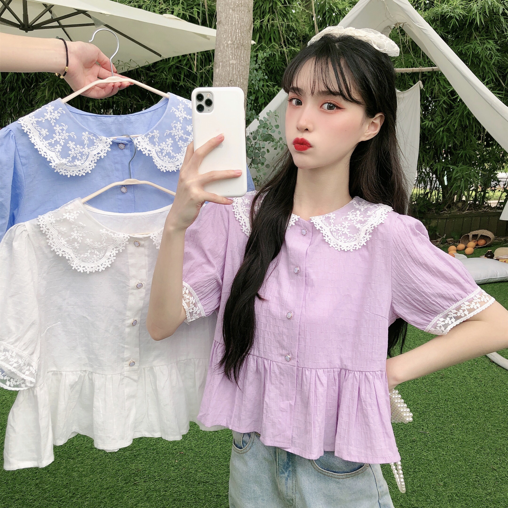 Real price small fresh lace doll collar is very fairy loose short sleeve shirt