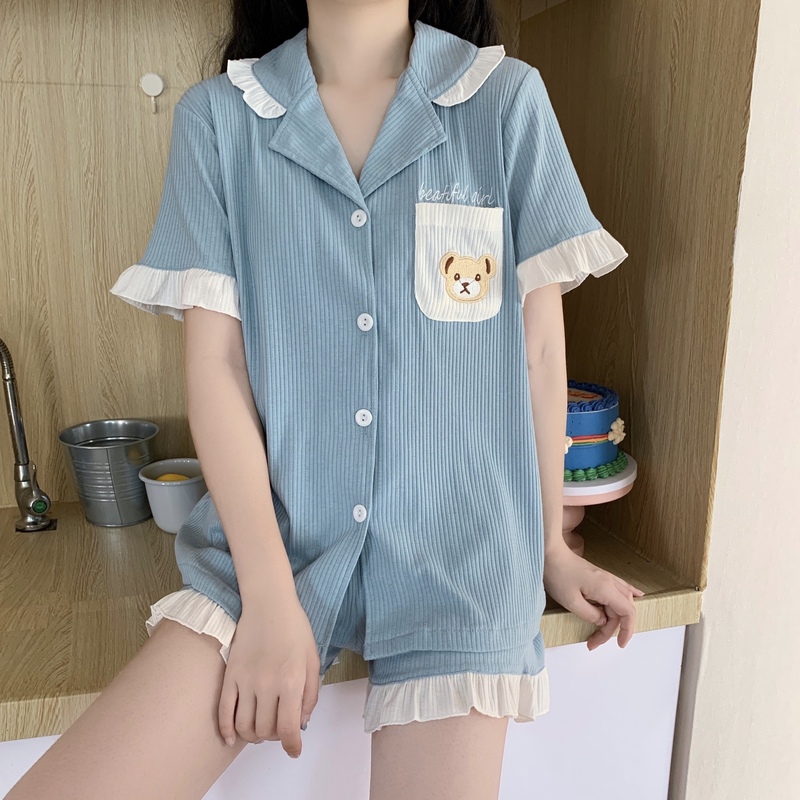 Real price cute bear embroidered home suit pajamas