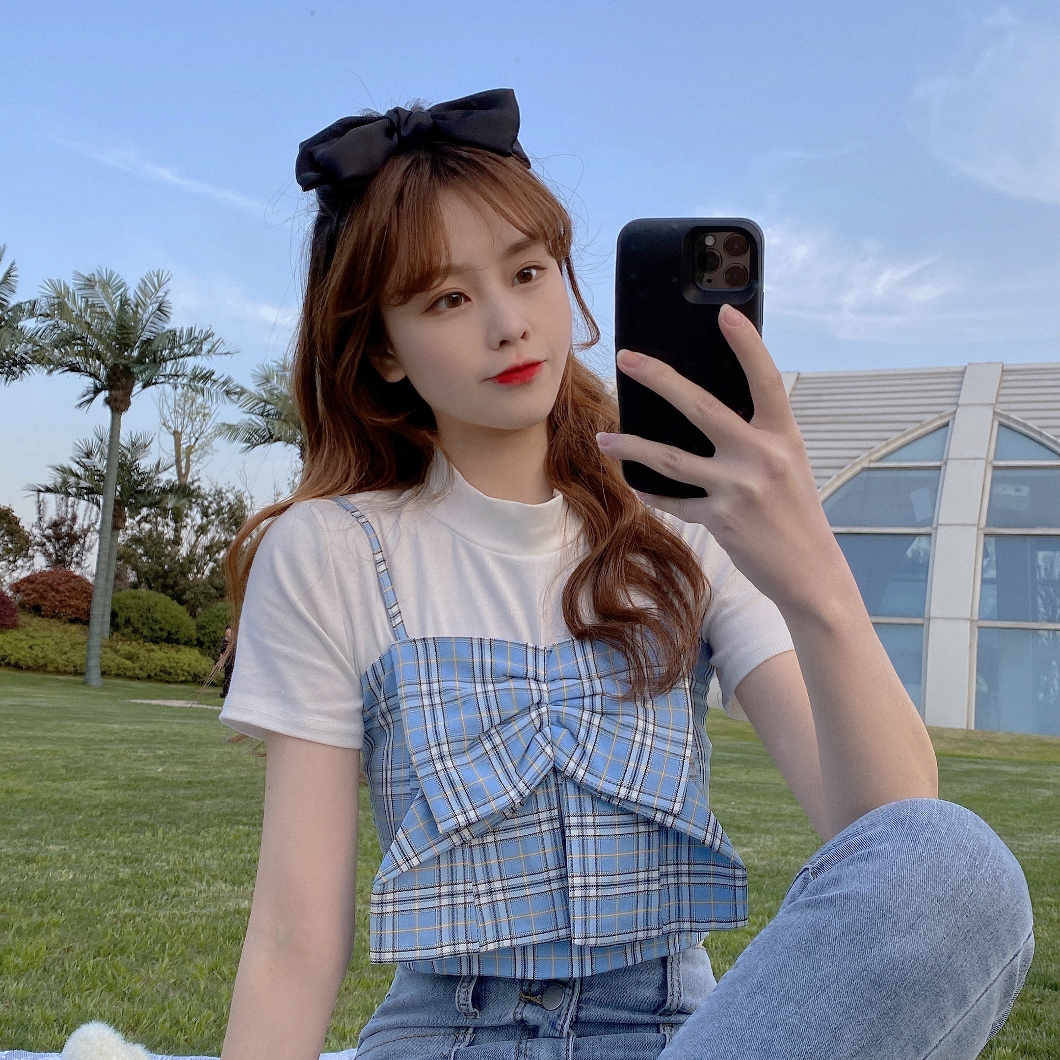 Real price design sense of minority short bow lattice suspender top