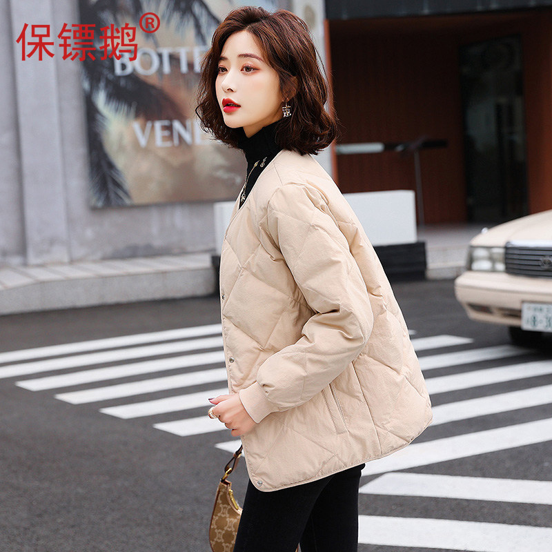 保镖鹅轻薄款羽绒服女短款2024冬季韩版无领内胆菱格宽松外套长袖