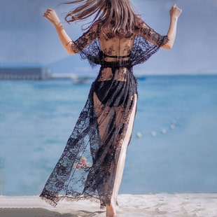 外套女海邊沙灘裙鏤空網(wǎng)紗長裙溫泉游泳衣外罩披肩 蕾絲比基尼罩衫