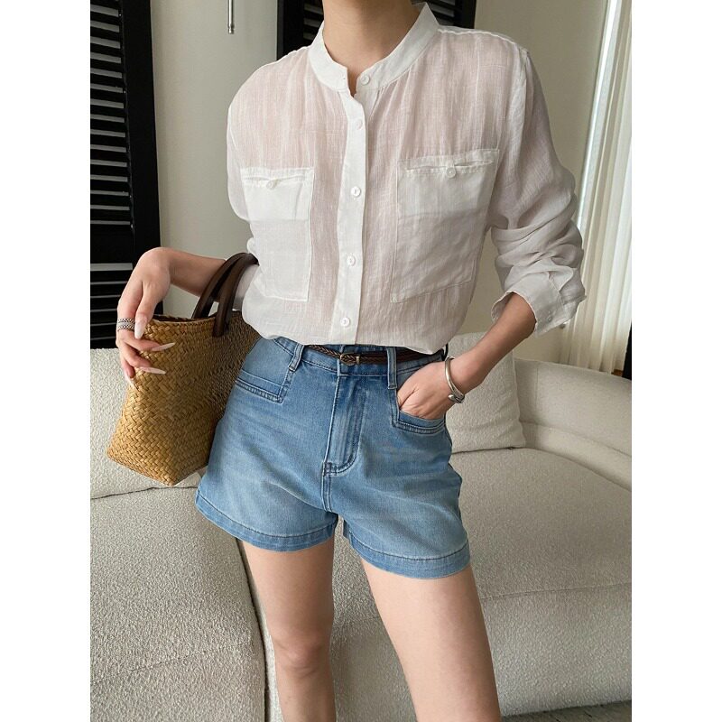 潮衣看夏季新款松弛主义 100苎麻简约小立领宽松微透防晒长袖衬衫