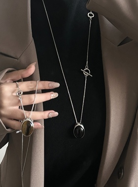 日韩银色时尚简约椭圆吊坠项链