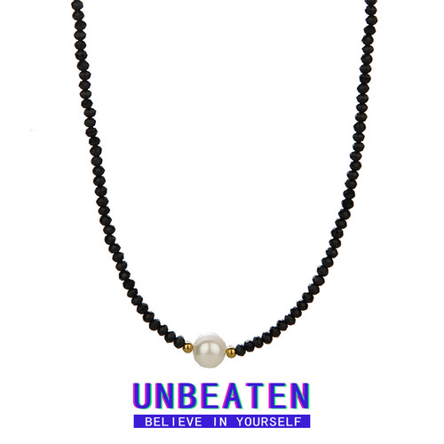 UNBEATEN黑色水晶淡水珍珠项链女高级设计感小众轻奢锁骨链颈链