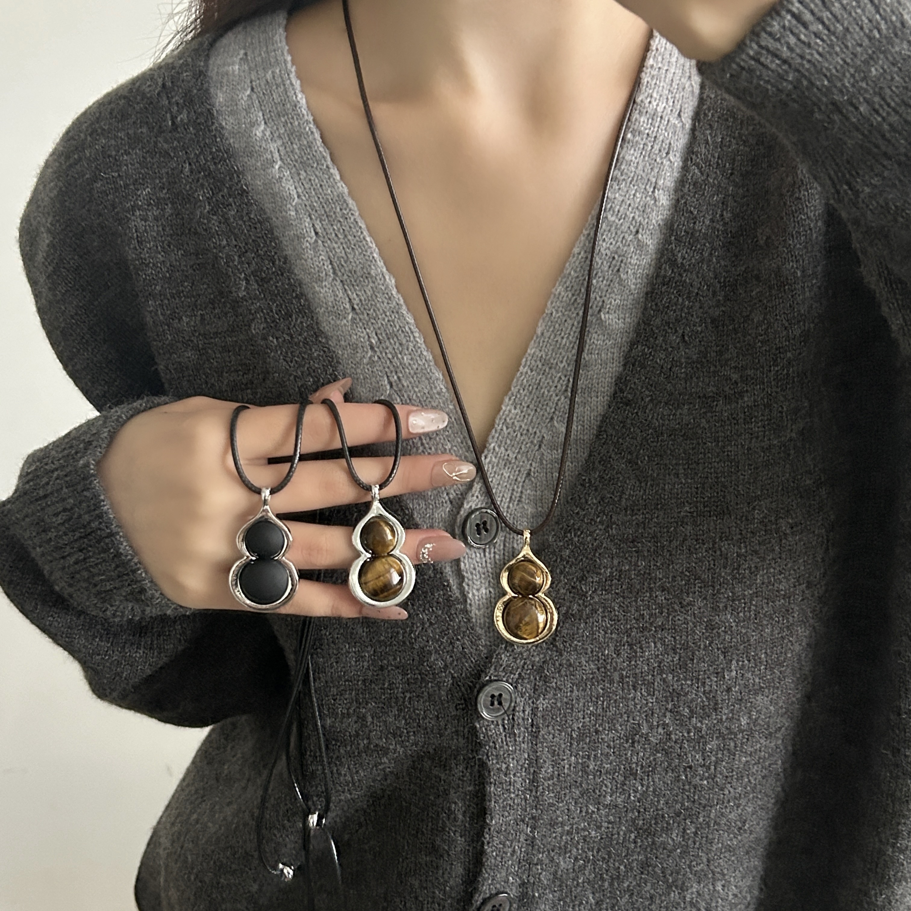 美拉德葫芦虎眼石吊坠长款项链