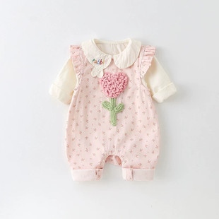 春秋季 外出超萌可爱两件套装 连体衣女宝宝春装 婴儿衣服洋气背带裤