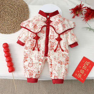 婴儿拜年服秋冬棉服连体衣女宝宝夹棉新年装过年喜庆大红色中国风
