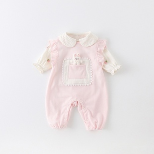 婴儿背带裤套装春秋连体衣韩版纯棉一岁宝宝衣服女小公主外出秋装