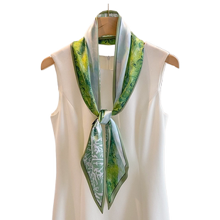 春秋季百搭绿色油画丝巾女仿真丝长条小领巾绑包包飘带细窄围巾