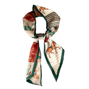 气质款法式优雅小丝巾女春夏复古骏马图案百搭装饰职业长条小领巾