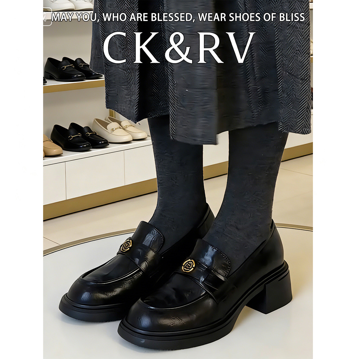 复古厚底粗跟山茶花乐福鞋女中跟女鞋圆头新款一脚蹬通勤小皮鞋,女鞋,乐福鞋（豆豆鞋）,淘宝优惠券,粉丝福利购,淘宝优惠卷