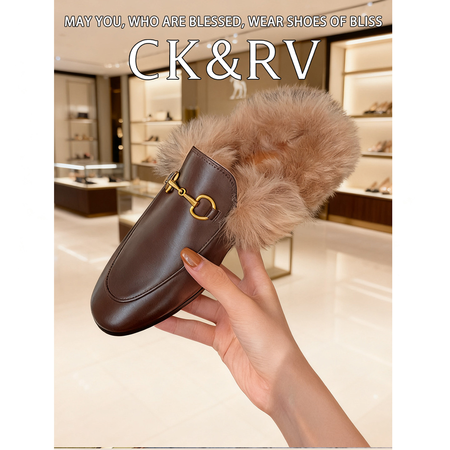 乐福鞋女毛毛拖鞋女冬外穿方扣