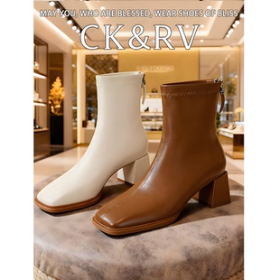 黑色高跟短靴2025年新款粗跟时装靴子软皮白色春秋单靴方头瘦瘦女