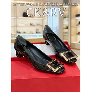 细跟通勤平底鞋 CK&RV羊皮 粗跟方头高跟鞋 女鞋 真皮方扣厚黑色单鞋