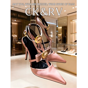 包头凉鞋大码新款蝴蝶结细跟尖头包头性感罗马一字带高跟鞋凉鞋女