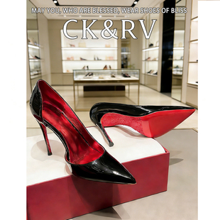 水钻红底侧空超纤高跟鞋绝美婚鞋黑色裸色超迁细跟尖头女单鞋裸色