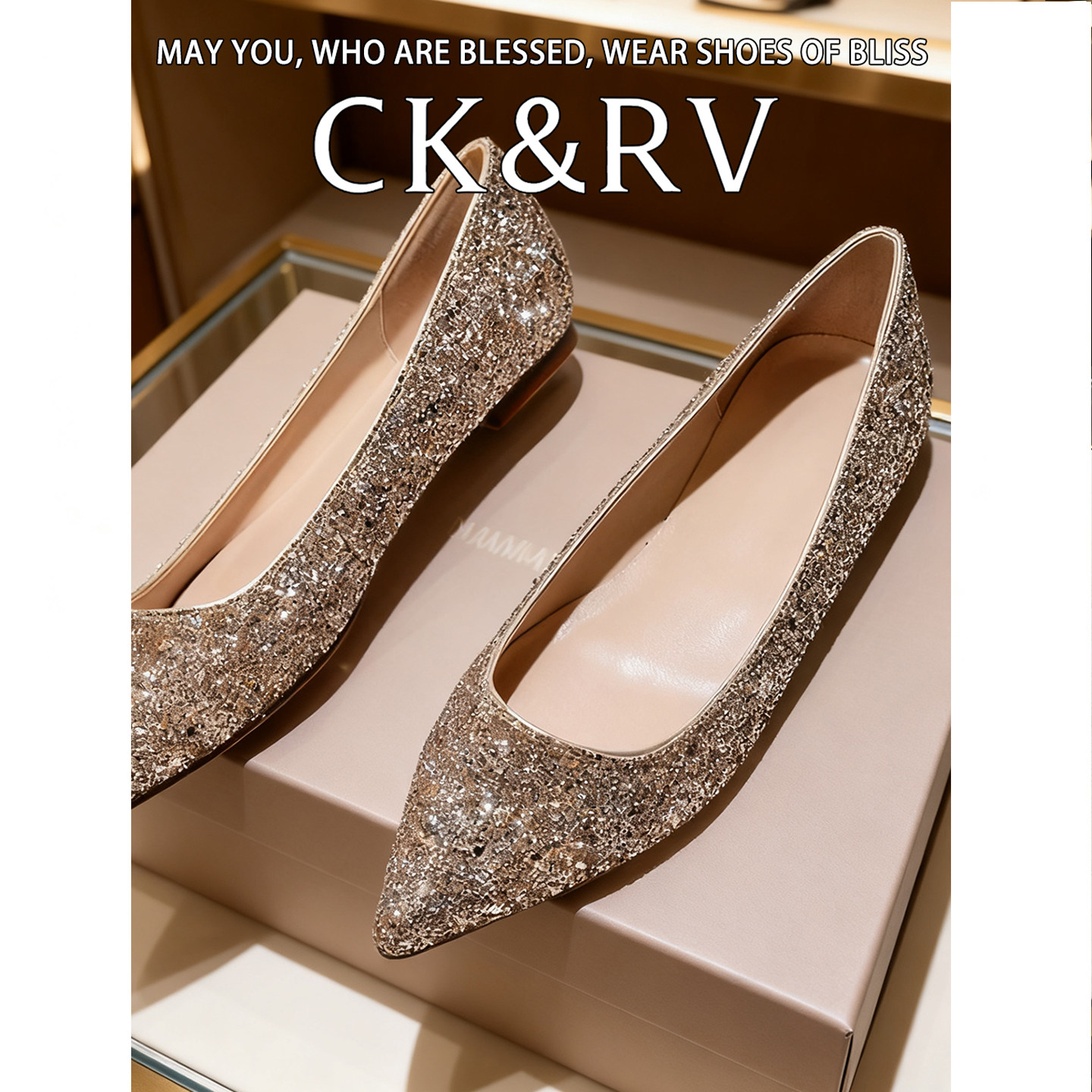 新款亮片浅口平跟香槟金银色尖头平底鞋女鞋新娘婚鞋禾秀婚纱女