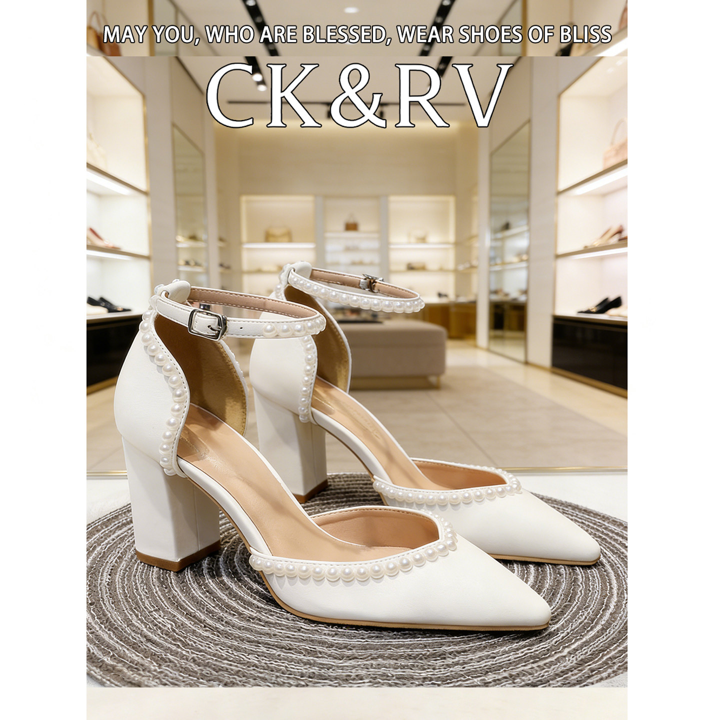 欧美尖头高跟鞋白色新娘鞋粗跟中空一字带手工贴珍珠女婚鞋宴会鞋