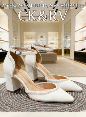 欧美尖头高跟鞋白色新娘鞋粗跟中空一字带手工贴珍珠女婚鞋宴会鞋