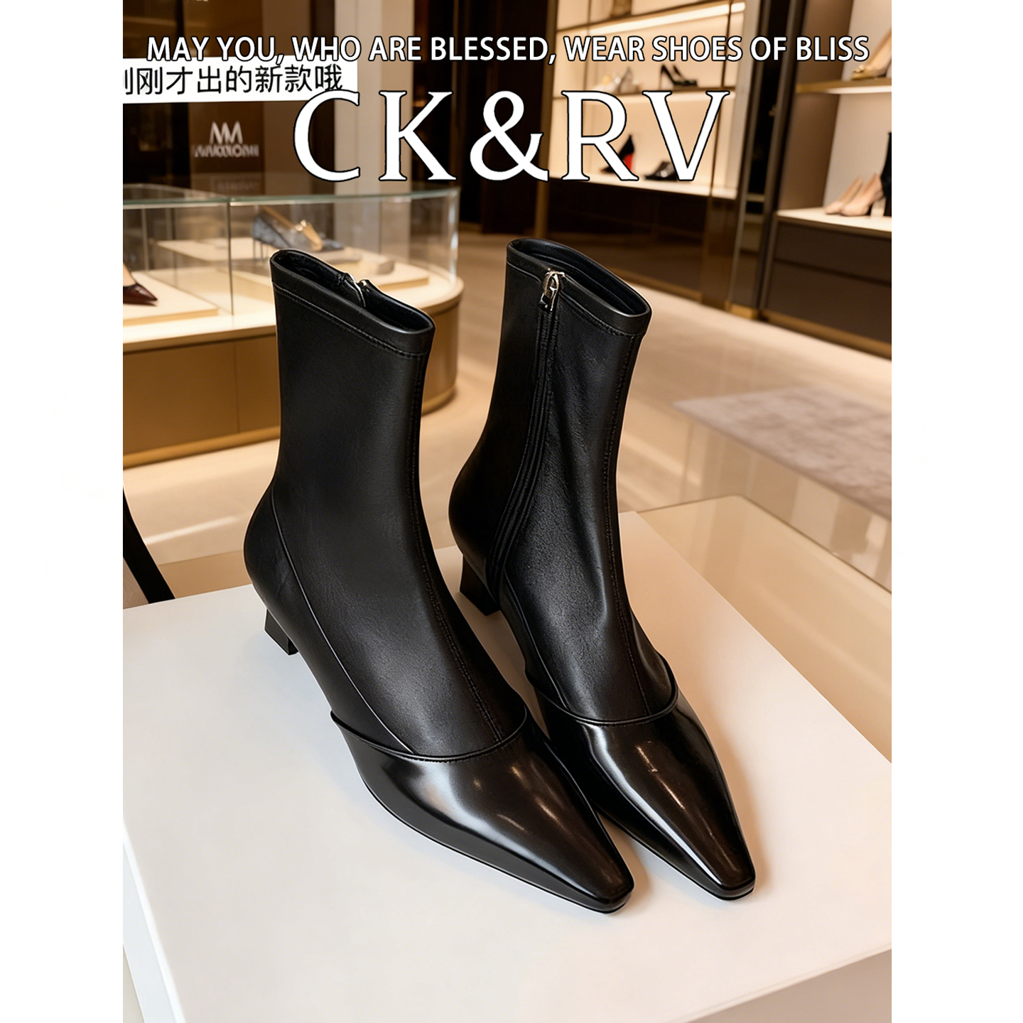 【同款葡萄妈】大女主~尖头弹力小羊皮侧拉链细高跟短靴女瘦瘦靴