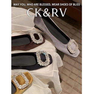 CK&RV~方扣水平底低跟女鞋钻扣圆头高跟鞋舒适粗跟单鞋女玛丽珍鞋