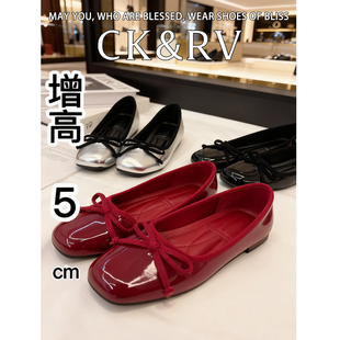 小个子内增高蝴蝶结玛丽珍鞋方头芭蕾单鞋女2025春新款浅口显瘦