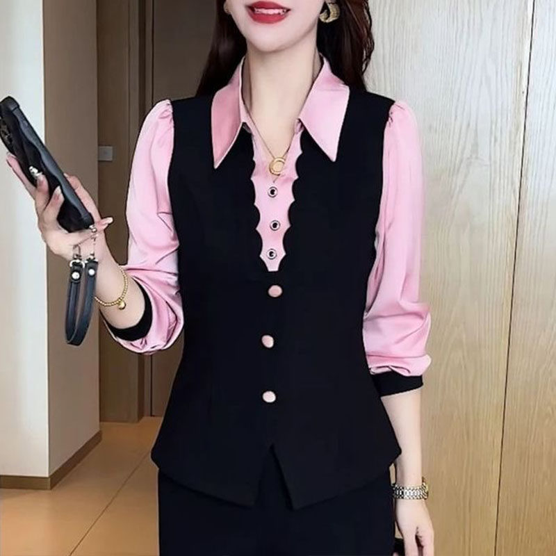 2026新款妈妈气质翻领拼接衬衫