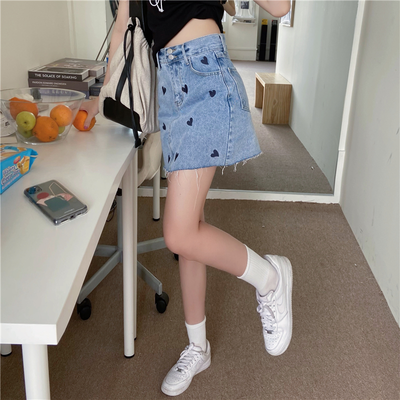 Real price 2021 new love embroidery show thin package hip denim skirt