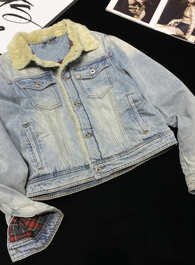 CCA自制设计感羔羊绒翻领夹棉牛仔外套浅蓝色加厚牛仔棉服夹克女