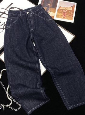 CCA自制辣妹藏蓝色原色高腰牛仔裤镰刀阔腿裤拖地牛仔长裤休闲裤