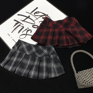 CCA自制美式 复古辣妹风拼色格纹百褶裙撞色低腰格子半身裙短裙女