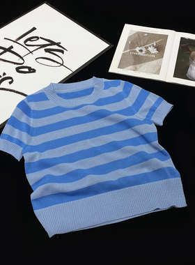 CCA自制高街大牌风蓝色条纹针织短袖T恤短款宽松显瘦体恤上衣女夏