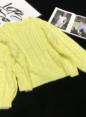CCA自制慵懒风氛围感黄色麻花套头长袖毛衣宽松多巴胺色针织毛衫