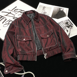 CCA自制高街辣妹亮面偏光红色时髦牛仔效果夹克外套短款明线开衫